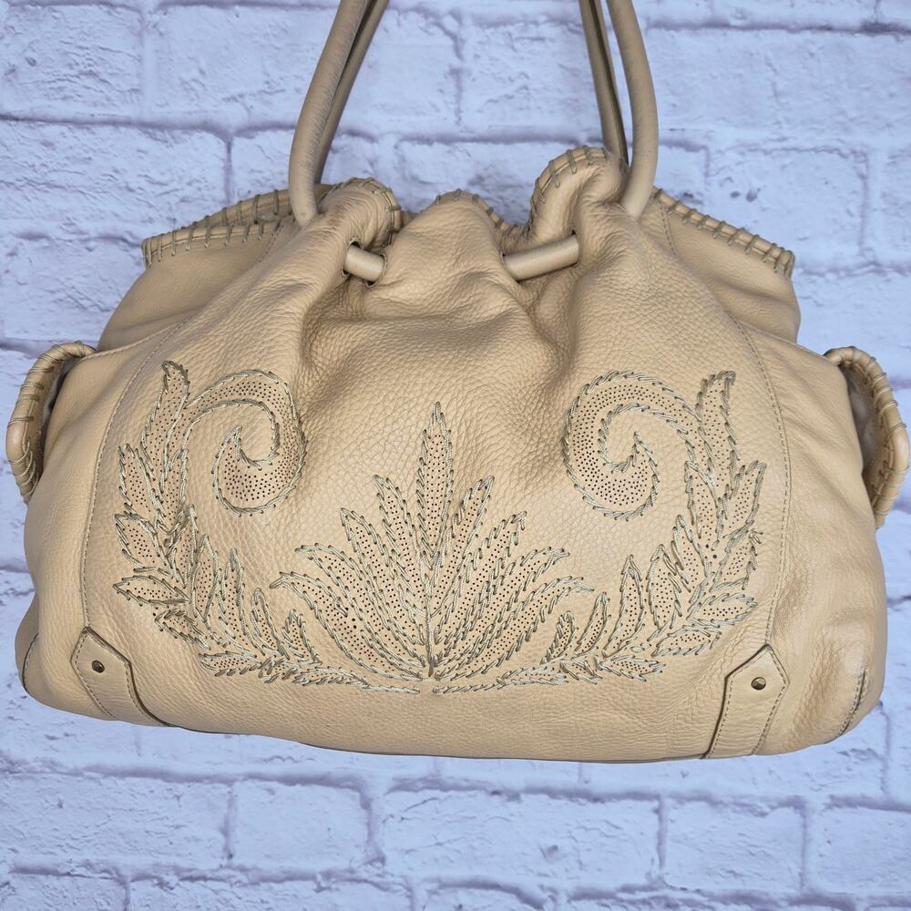 Vintage Cole Haan Tan Pebbled Leather Whipstitch Embroidered Drawstring Hobo Bag - Picture 2 of 12